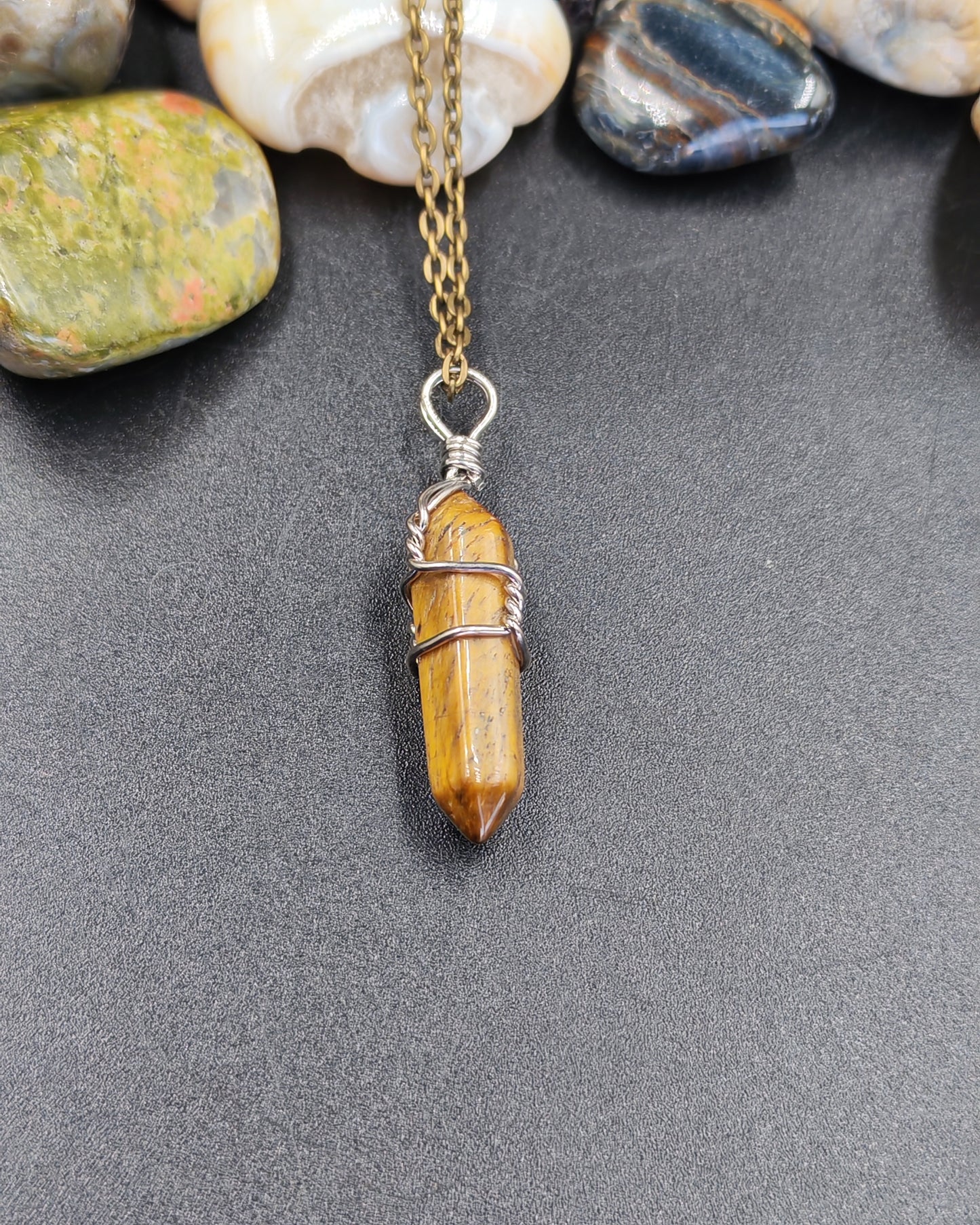 Natural Tiger's Eye Wire-Wrapped Hexagonal Point Pendant