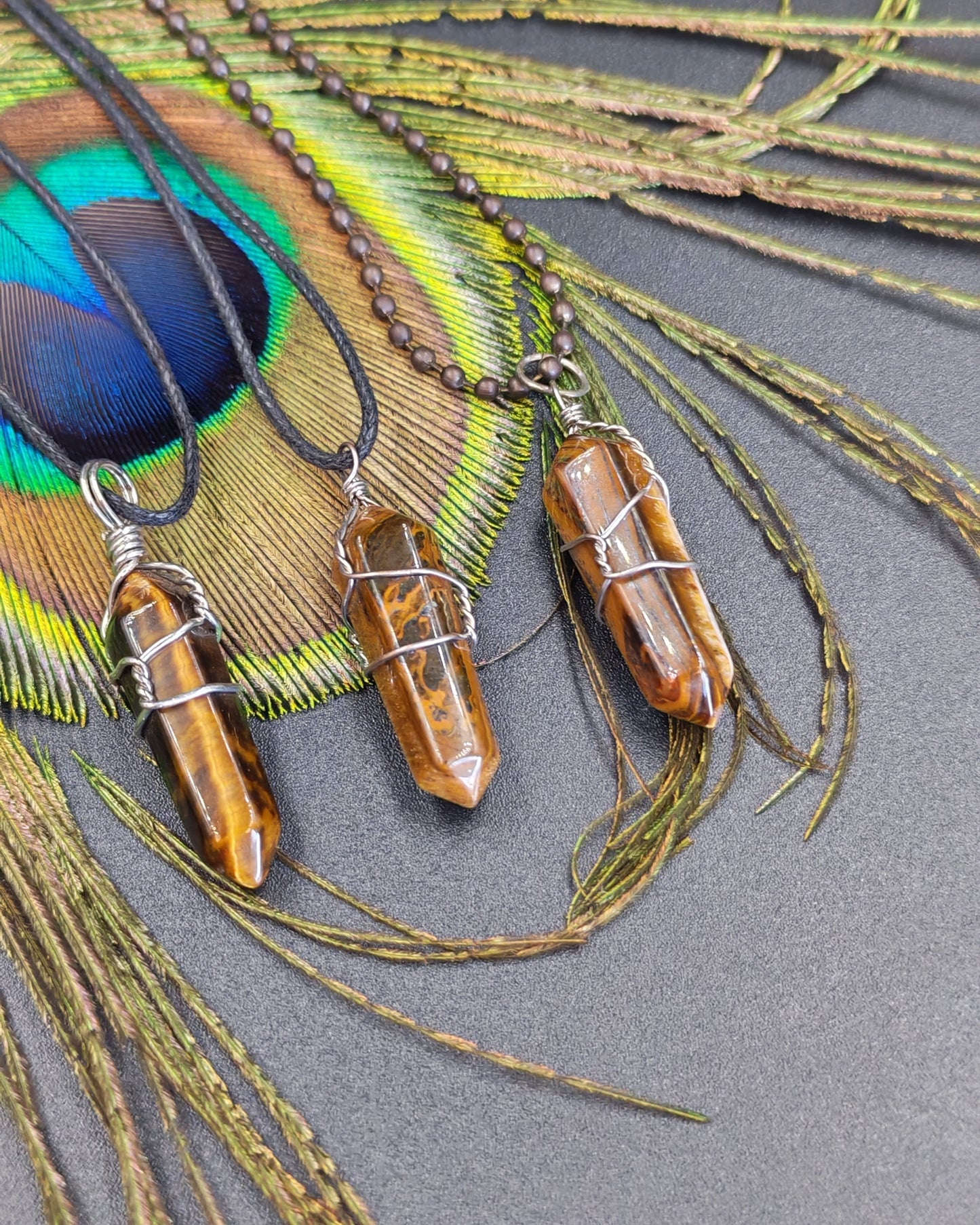 Tiger's Eye Wire-Wrapped Hexagonal Point Pendant