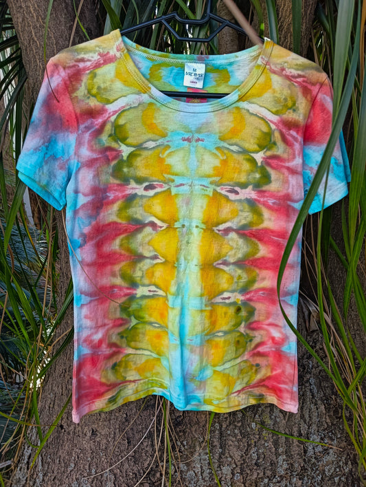 Hand Tie-Dye Lizard Spine T-Shirt in olive yellow coral and aqua - symmetrical spine pattern
