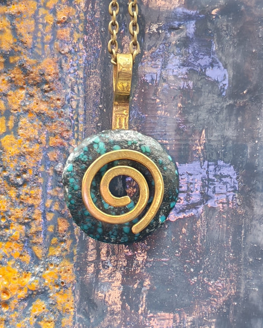 Turquoise Donut Pendant with Brass Spiral Setting