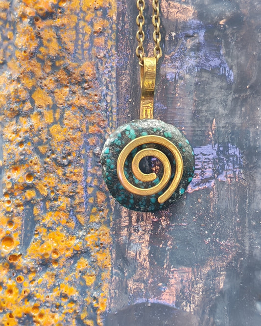 Turquoise Donut Pendant with Brass Spiral Setting