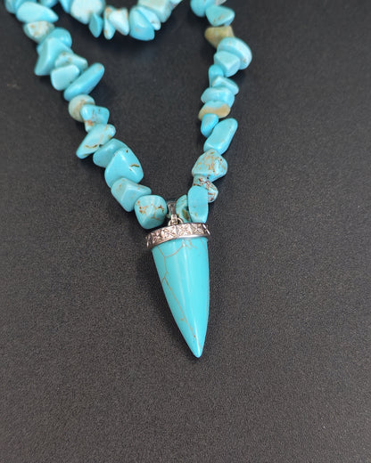 Turquoise Chip Double-Strand Necklace with Cone Pendant