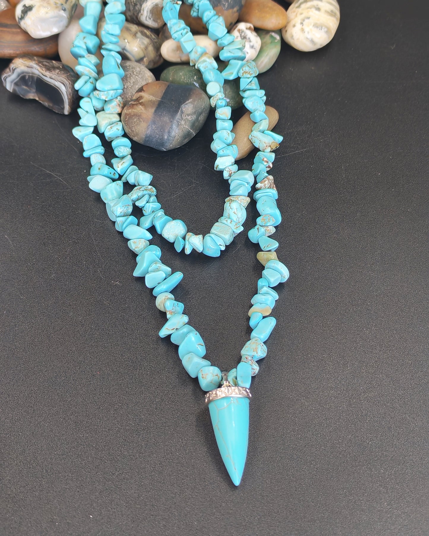 Turquoise Chip Double-Strand Necklace with Cone Pendant
