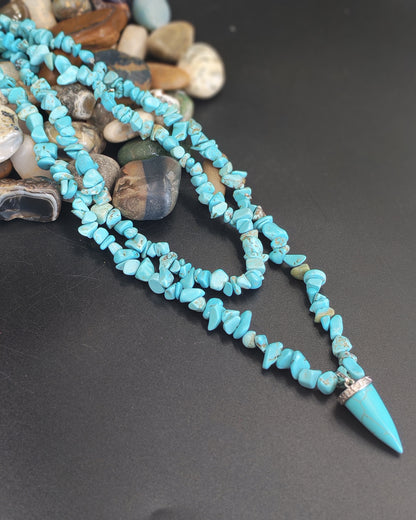 Turquoise Chip Double-Strand Necklace with Cone Pendant