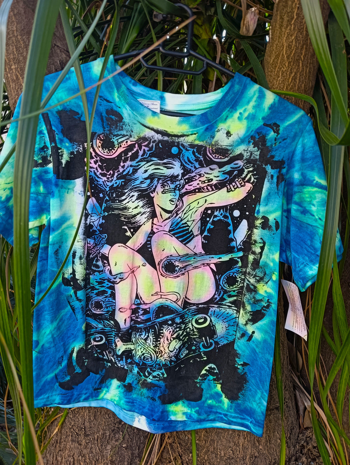 UV Tie-Dye Skater Girl T-Shirt in blue green with cosmic screen print