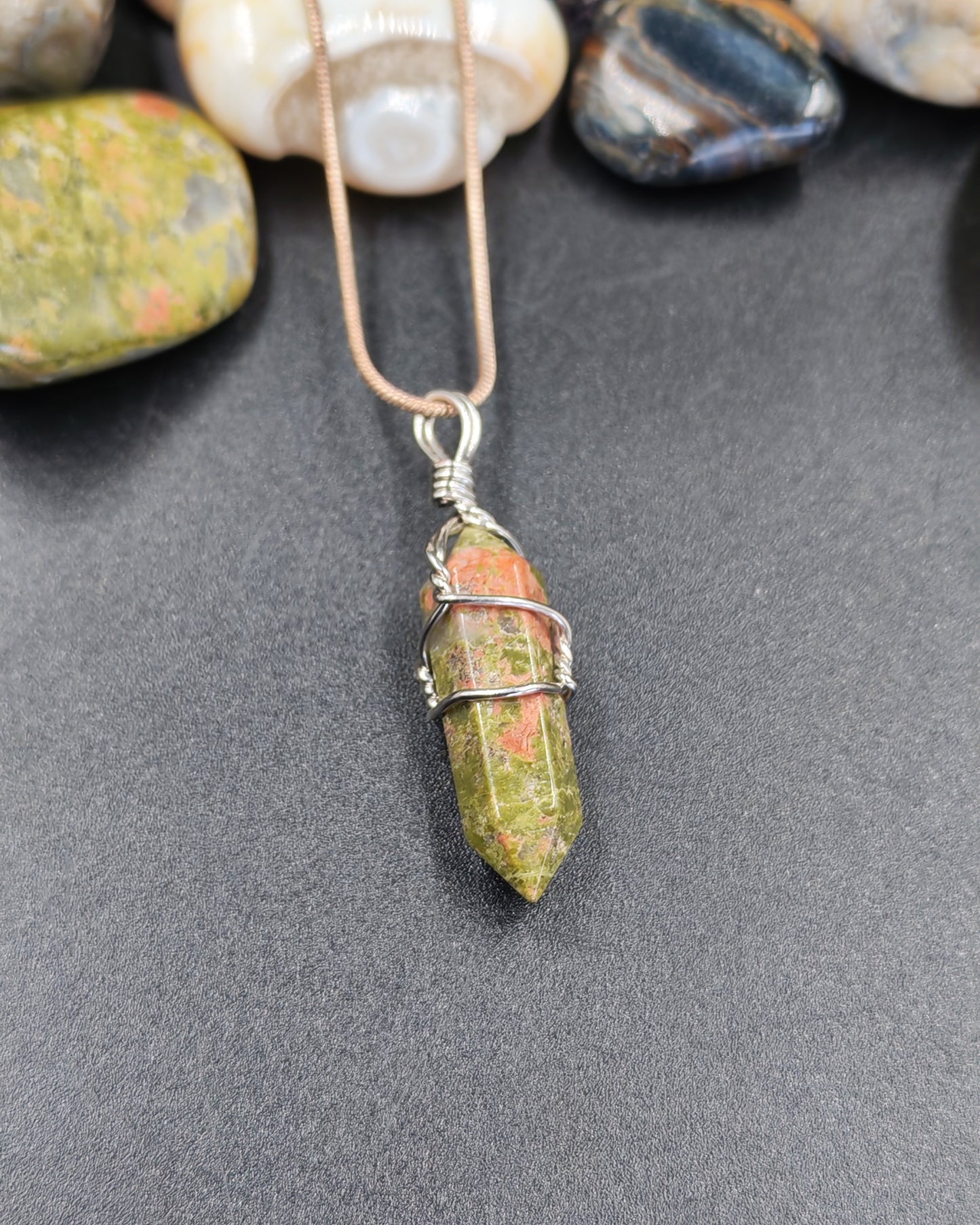 Natural Unakite Wire-Wrapped Hexagonal Point Pendant