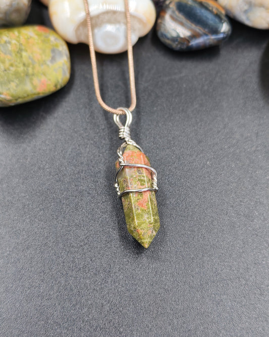 Natural Unakite Wire-Wrapped Hexagonal Point Pendant