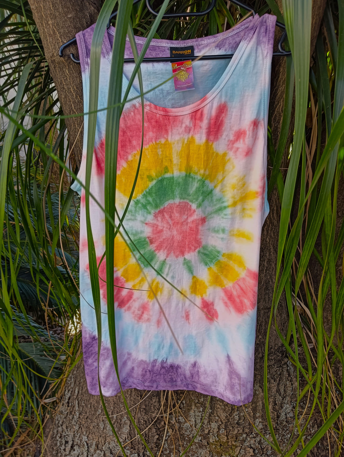 Hand Tie-Dye Sunburst Vest in pink yellow green blue with lavender hem