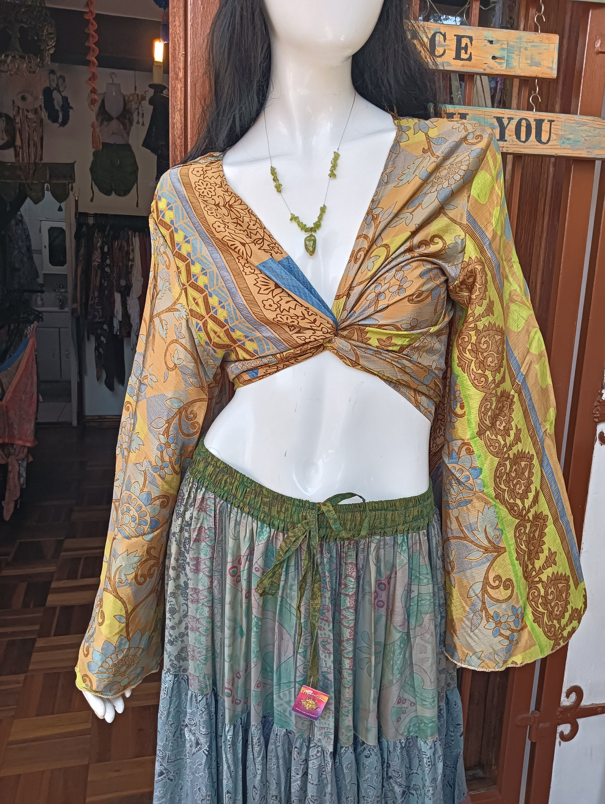 Sari Silk Wrap Crop Top – wrapped and tied style showing deep V neckline and sleeve drape