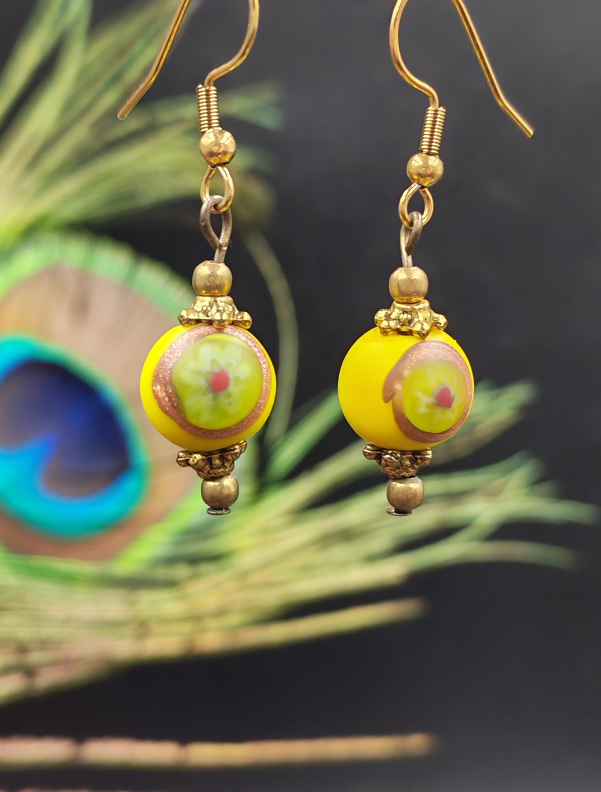Yellow Golden Eye Hand-Painted African Glass Bead Earrings