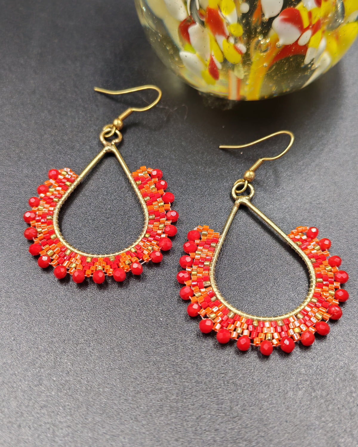 Indian Handmade Red & Orange Beaded Teardrop Earrings