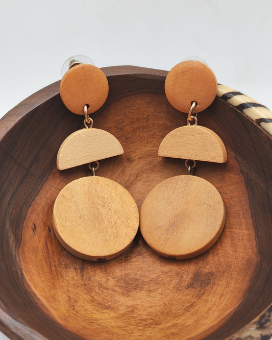 Wood 3-Tier Geometric Dangle Earrings