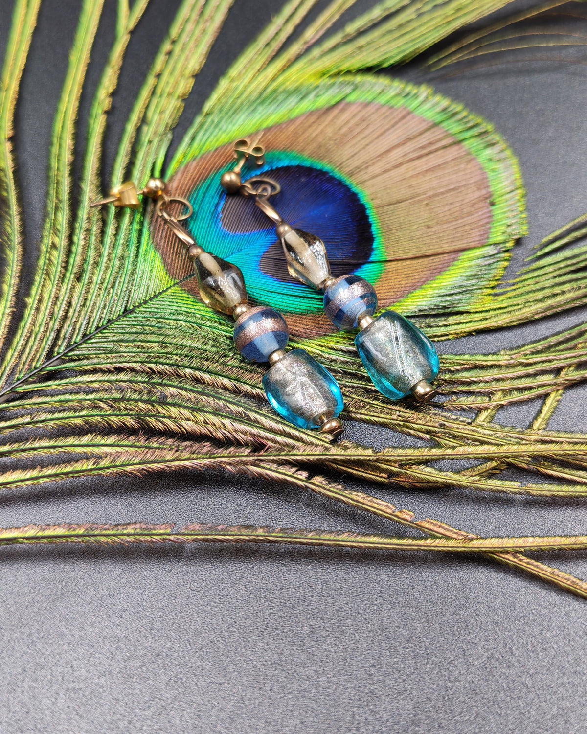 Teal Blue & Gold Hand-Painted Glass Bead 3-Tier Stud Dangle Earrings