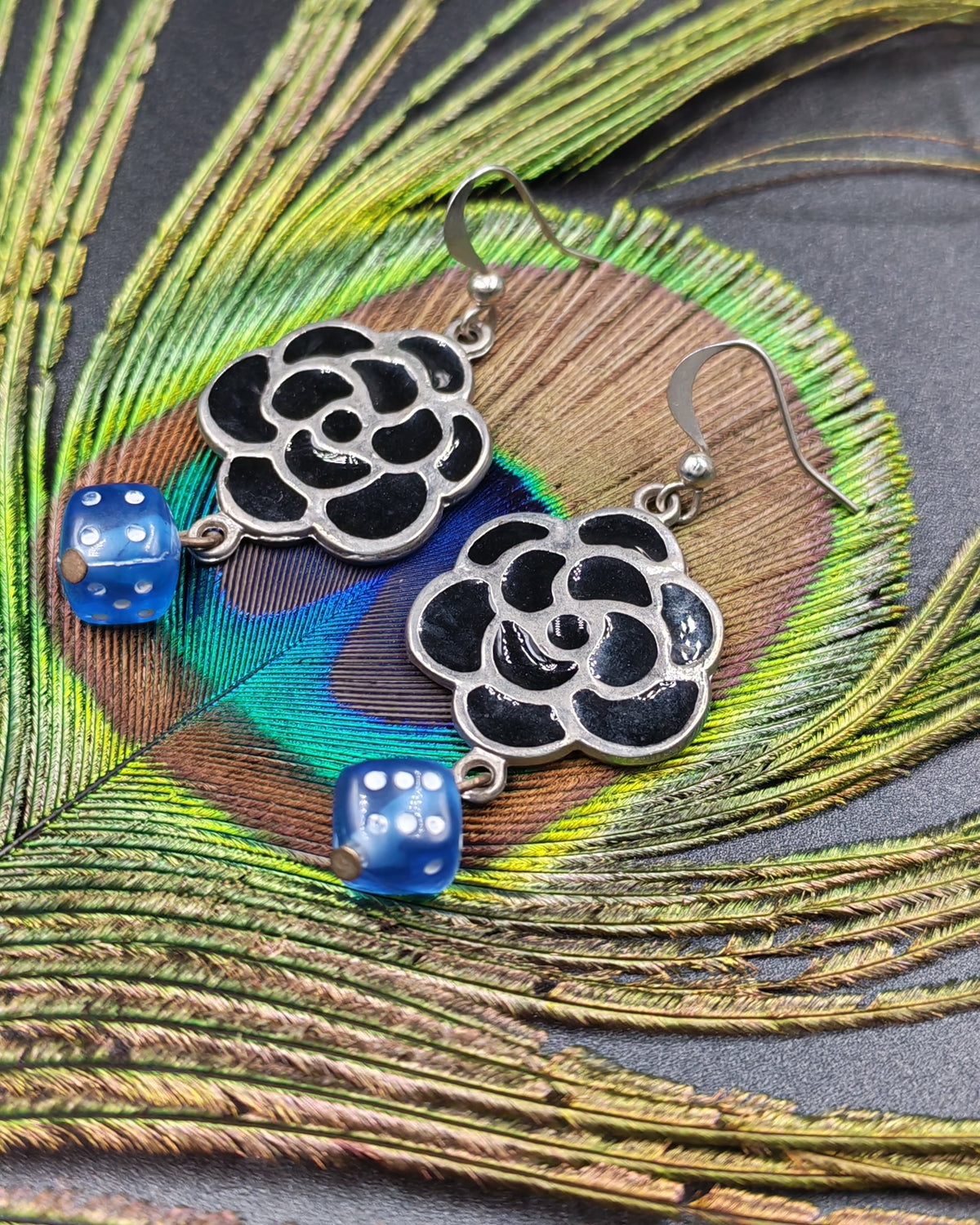 Black Enamel Rose Flower & Blue Resin Dice Dangle Earrings
