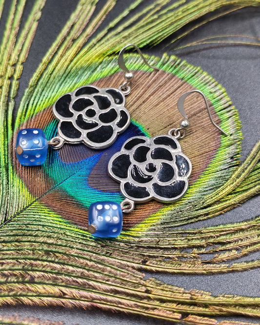 Black Enamel Rose Flower & Blue Resin Dice Dangle Earrings