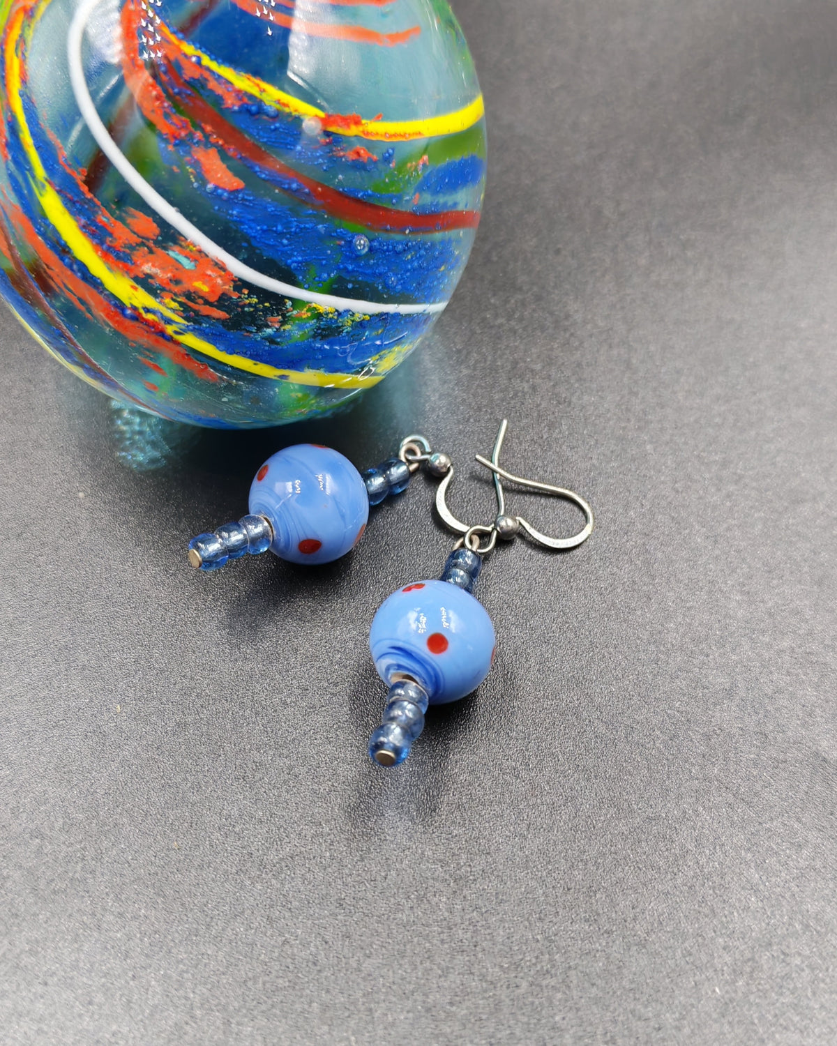 Cornflower Blue & Red Dot Hand-Painted Glass Bead Dangle Earrings