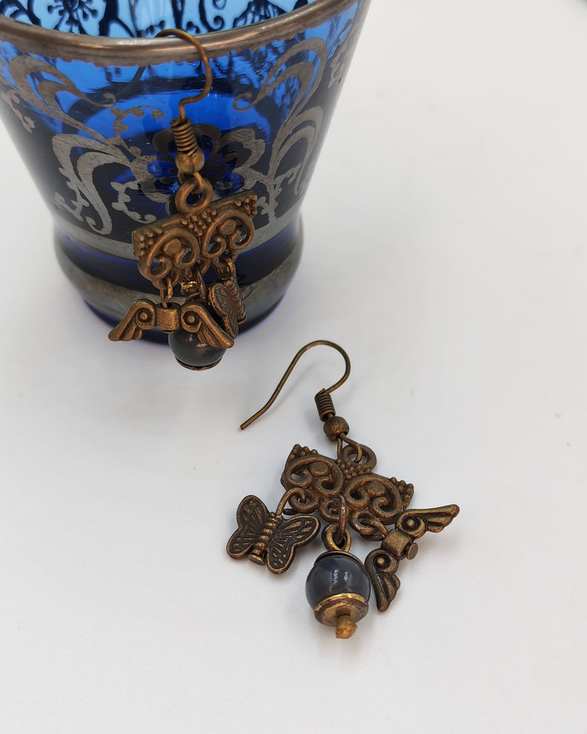 Antique Brass Butterfly & Angel Wing Filigree Blue Bead Dangle Earrings