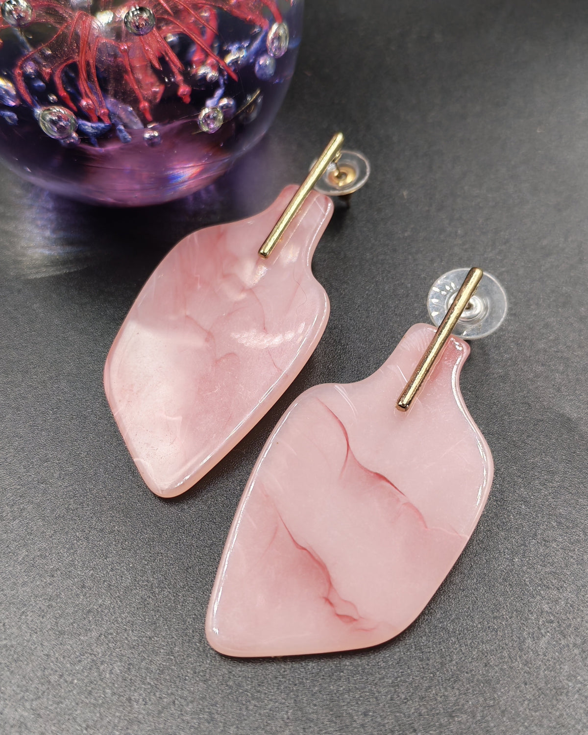 Pink Marble-Look Statement Earrings with Gold Bar Studs