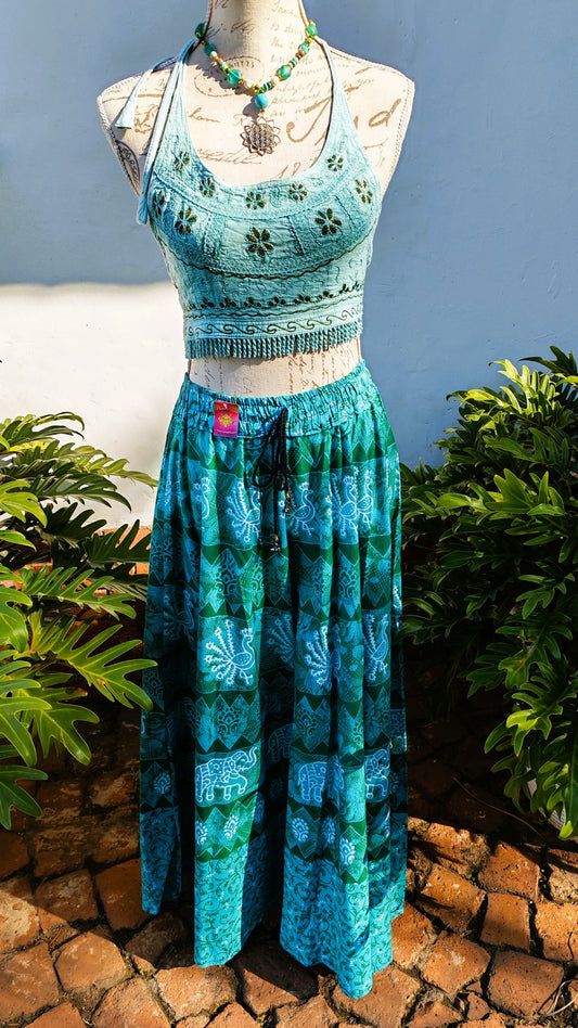Turquoise Cotton Maxi Skirt — Peacock & Elephant Print with Drawstring Waist