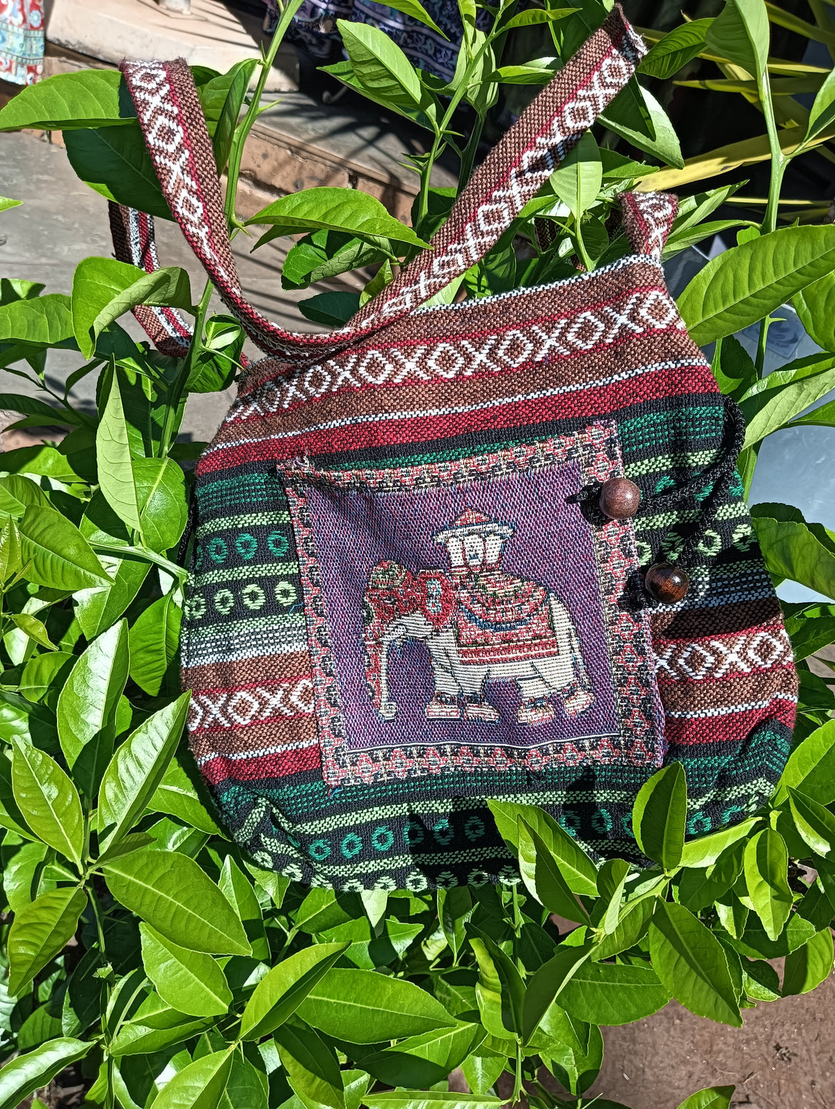 Thai Woven Sling Bag – Elephant Tapestry Panel with Wood Beads (Purple & Green)