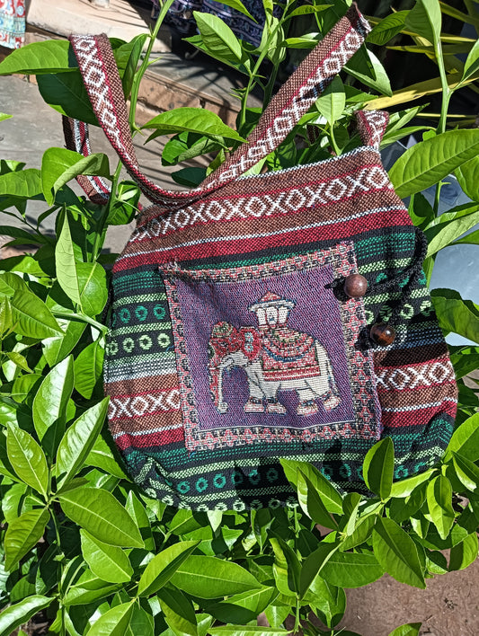Thai Woven Sling Bag – Elephant Tapestry Panel with Wood Beads (Purple & Green)