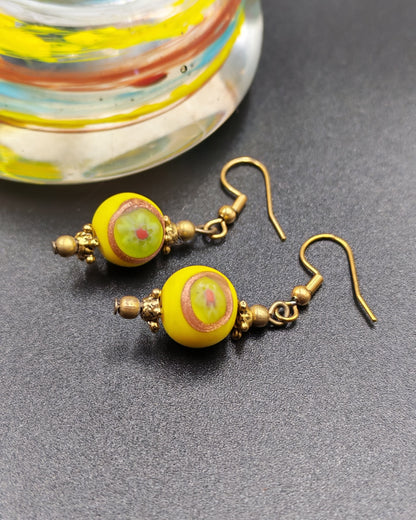 Yellow Golden Eye Hand-Painted African Glass Bead Earrings