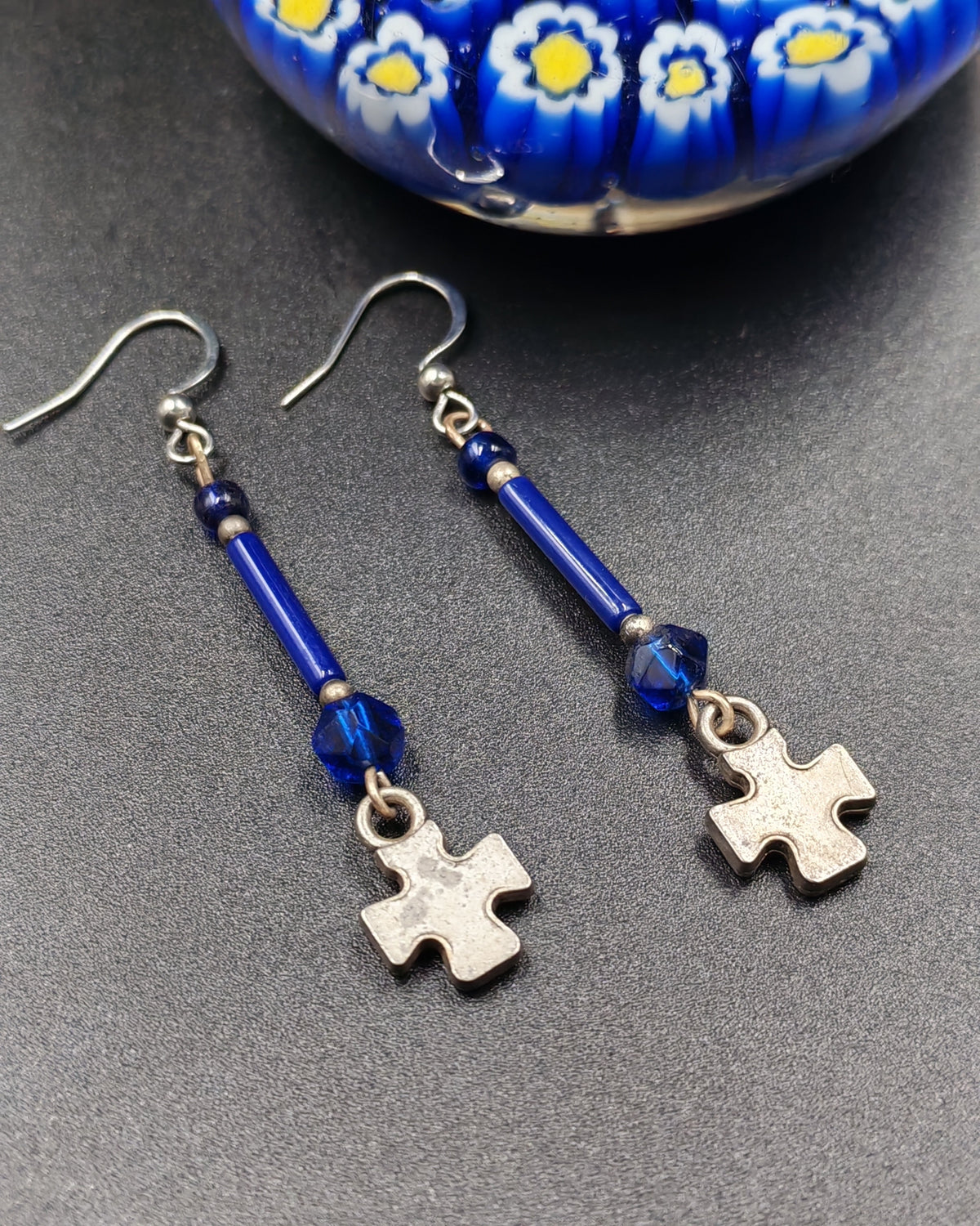 Navy Blue Glass Bead & Puzzle Piece Charm Dangle Earrings