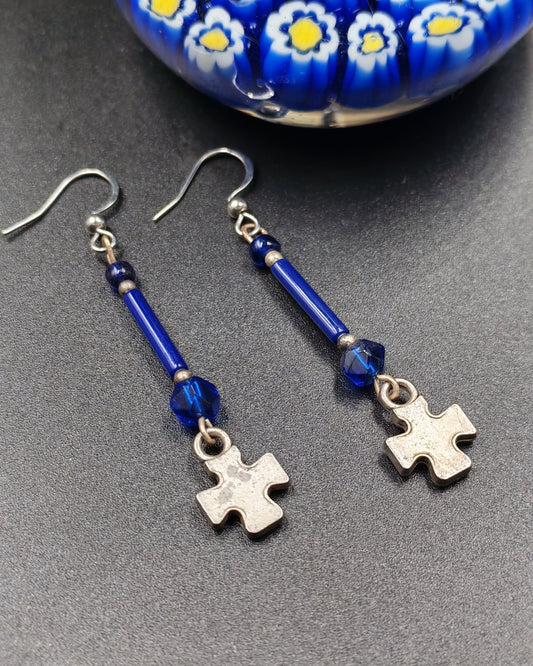 Navy Blue Glass Bead & Puzzle Piece Charm Dangle Earrings