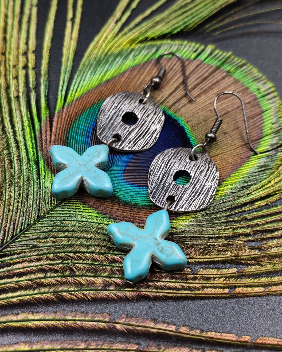 Turquoise Howlite Cross & Textured Metal Disk Dangle Earrings