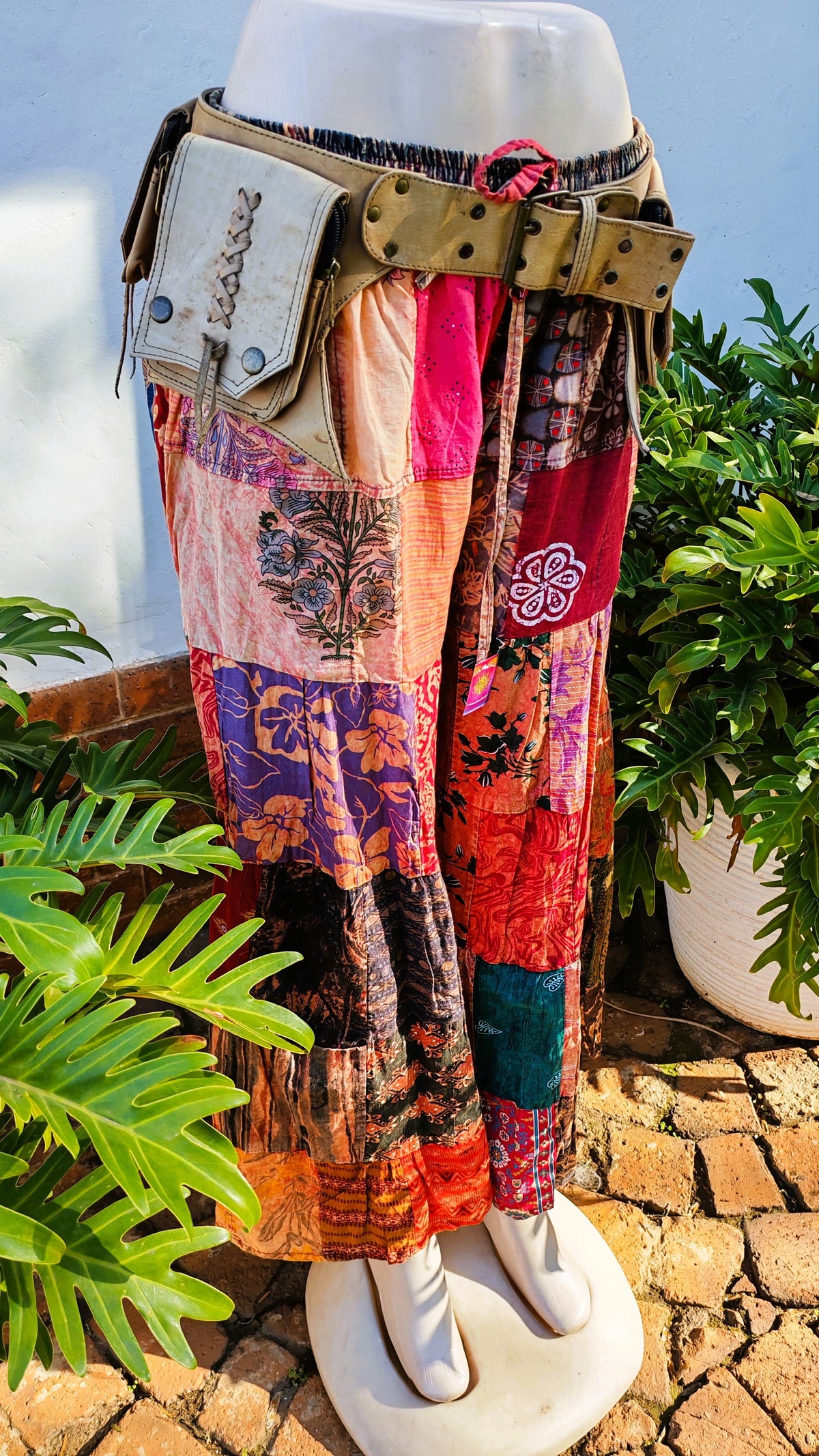Multicolour Patchwork Cotton Bell Leg Hippie Pants with Pockets