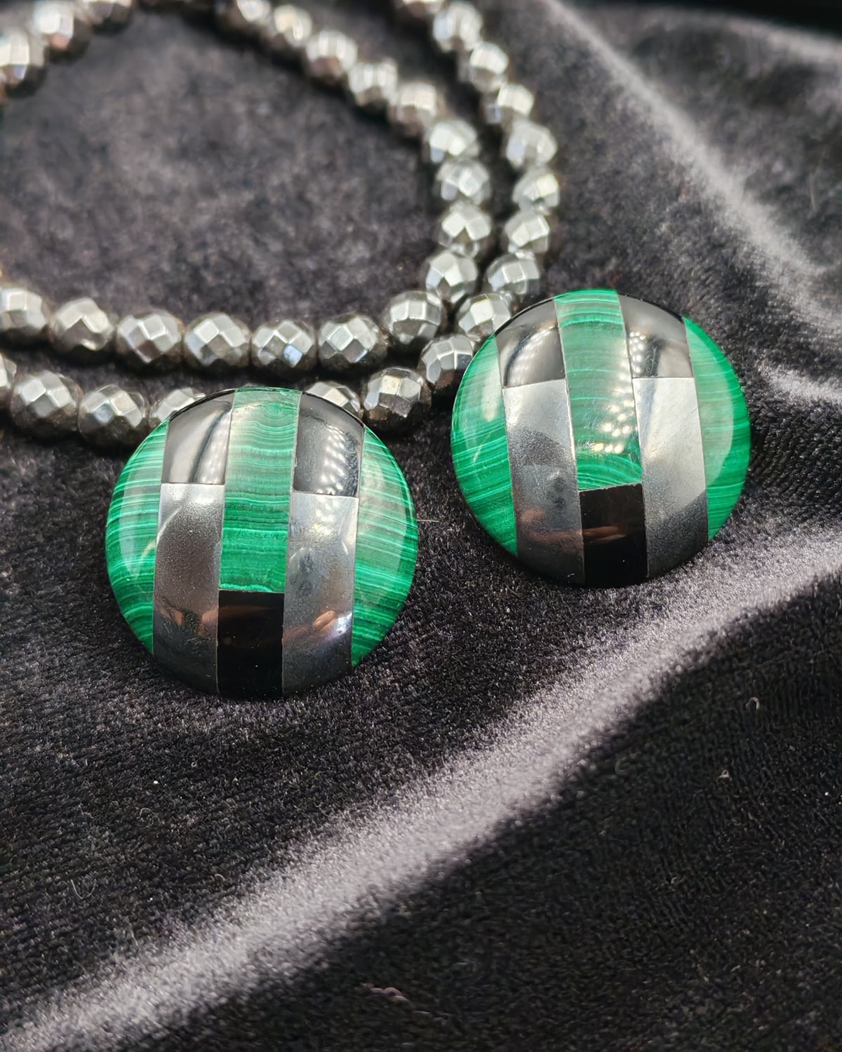 Malachite, Hematite & Onyx Round Dome Clip-On Earrings