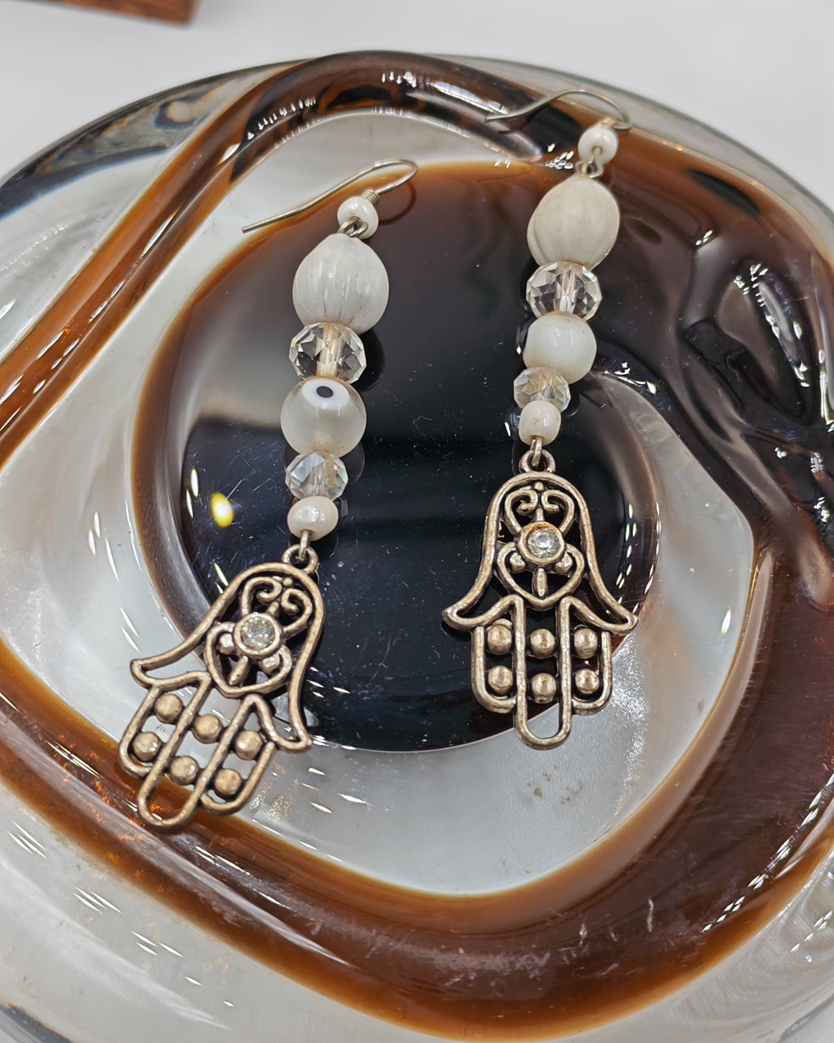 Hamsa Hand & Evil Eye White Bead Crystal Drop Earrings