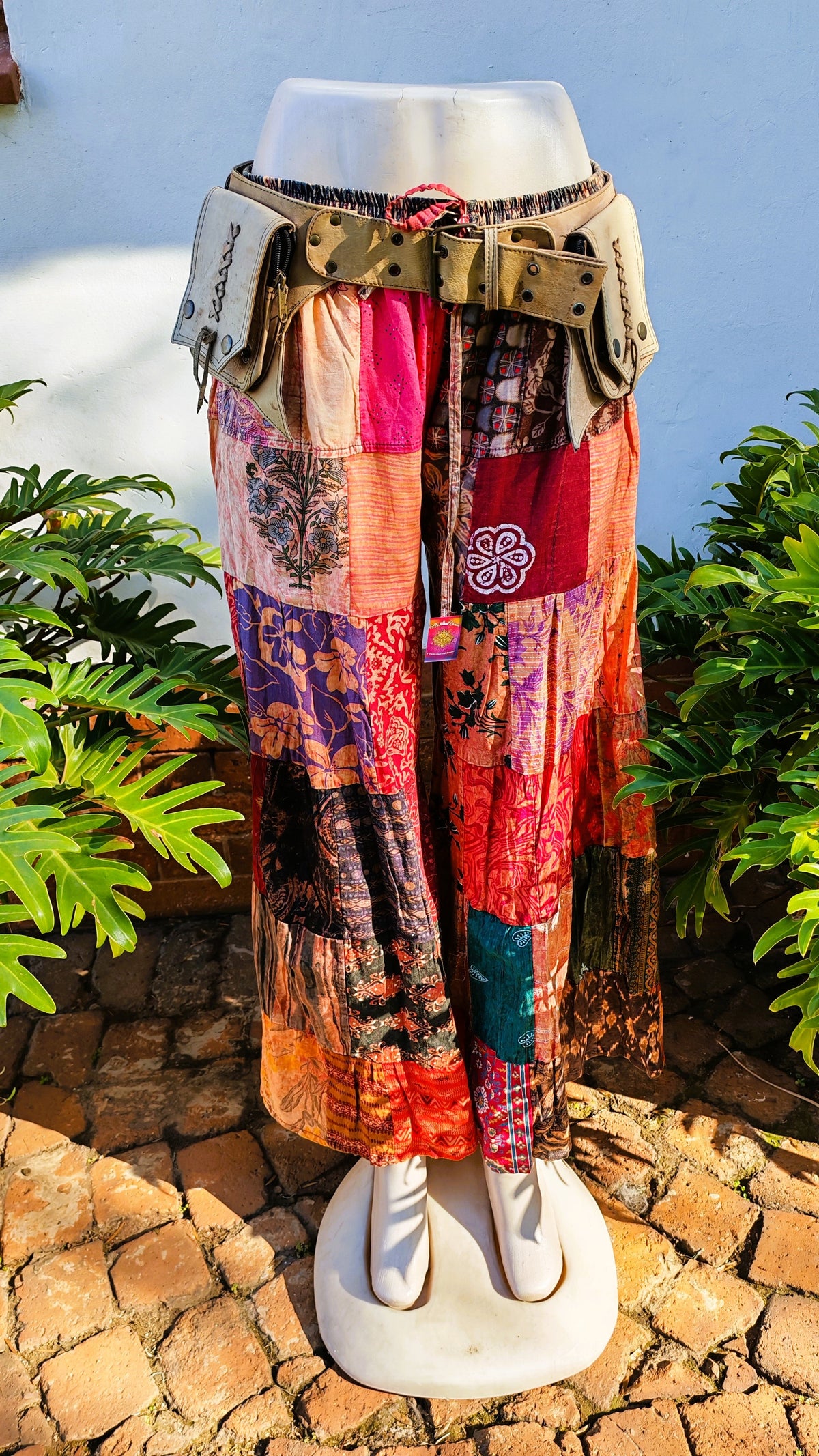 Multicolour Patchwork Cotton Bell Leg Hippie Pants with Pockets