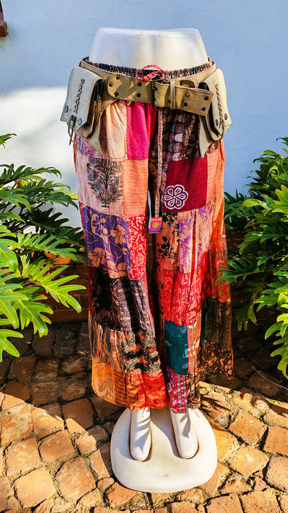 Multicolour Patchwork Cotton Bell Leg Hippie Pants with Pockets