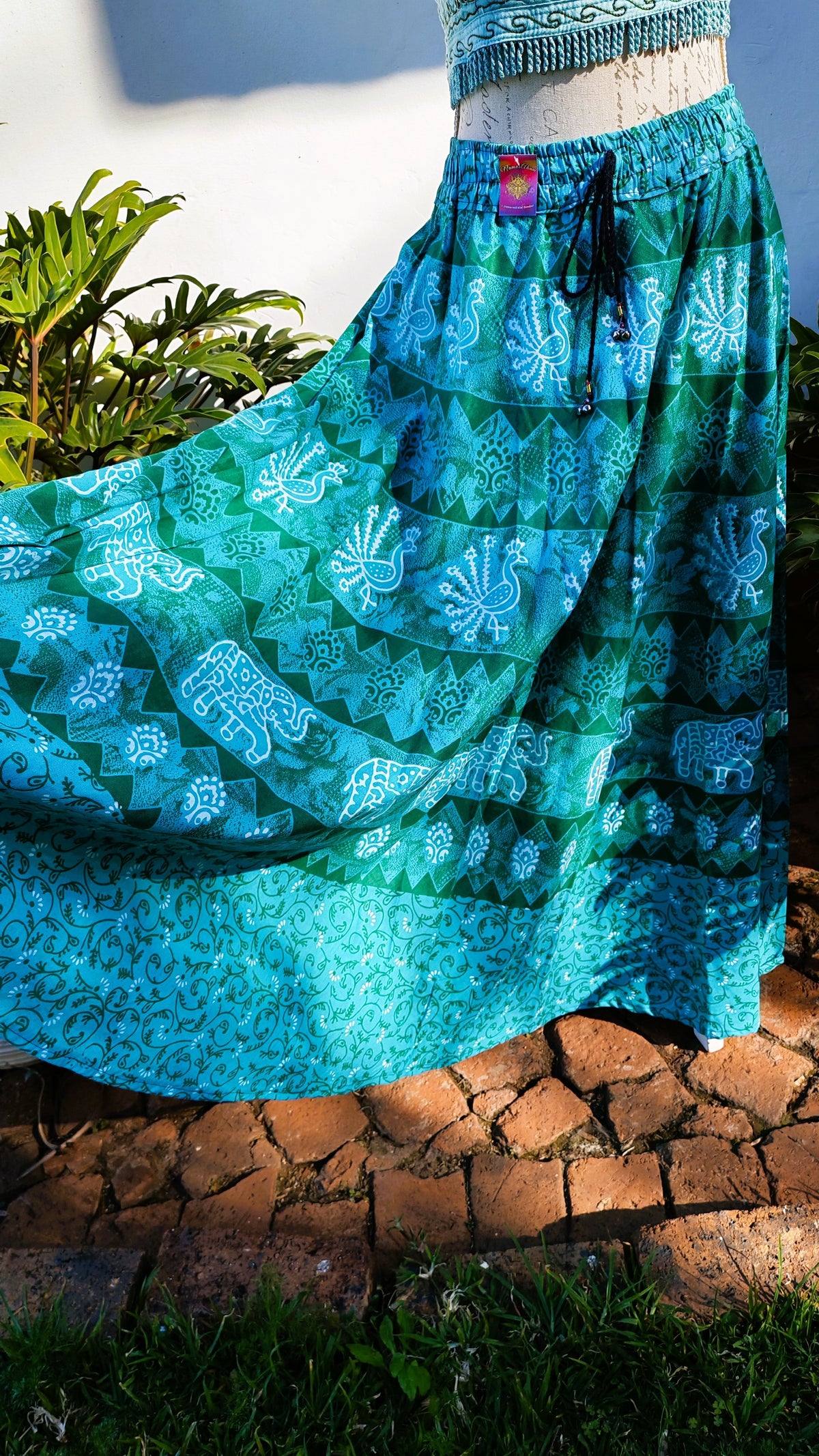 Turquoise Cotton Maxi Skirt — Peacock & Elephant Print with Drawstring Waist