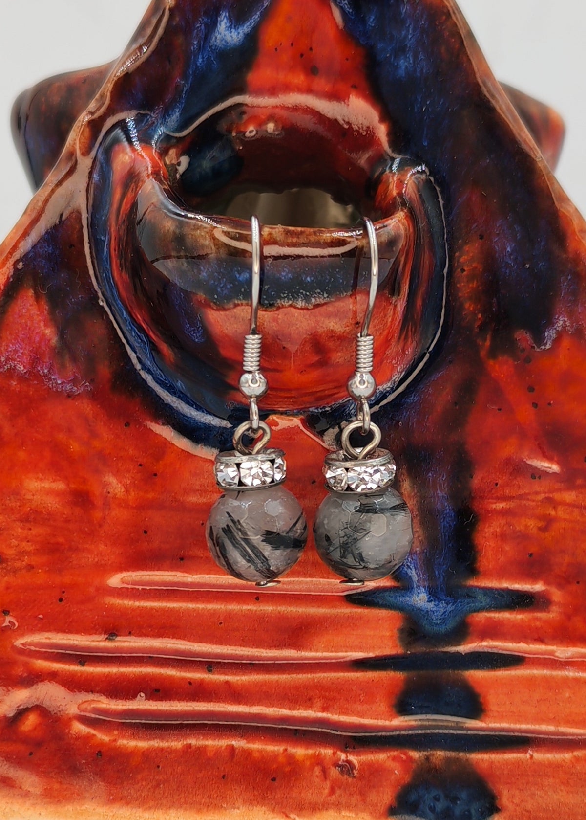 Natural Black Moonstone Crystal Drop Earrings with Rhinestone Rondelle