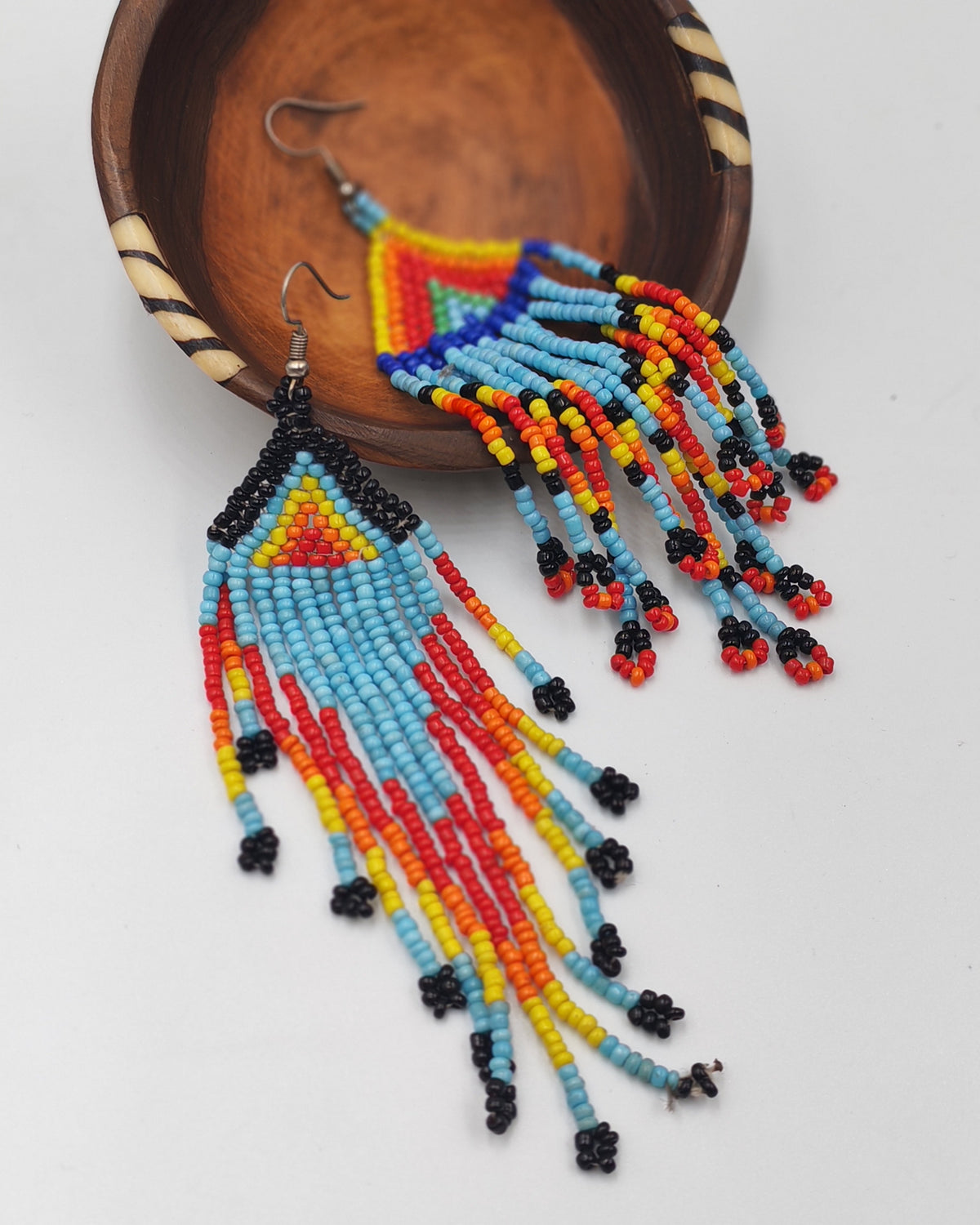 Zulu-Inspired African Glass Bead Multicolour Fringe Dangle Earrings