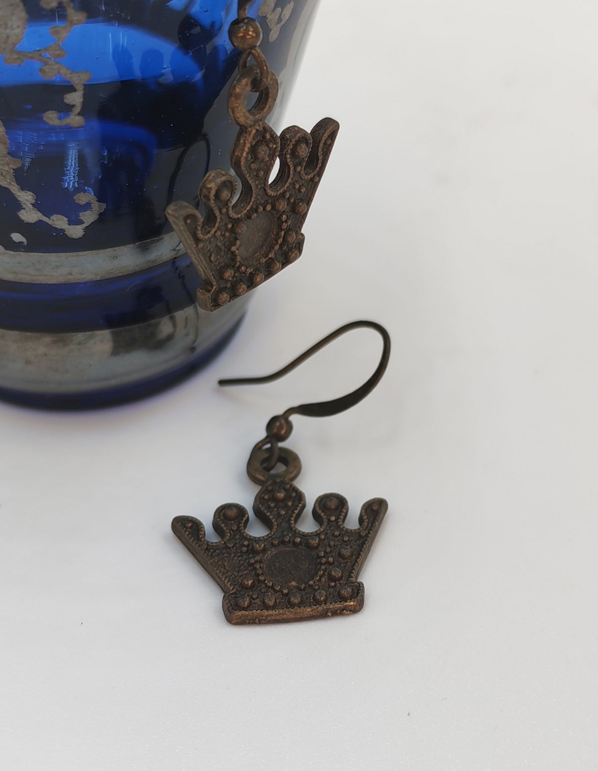 Antique Brass Royal Crown Charm Dangle Earrings