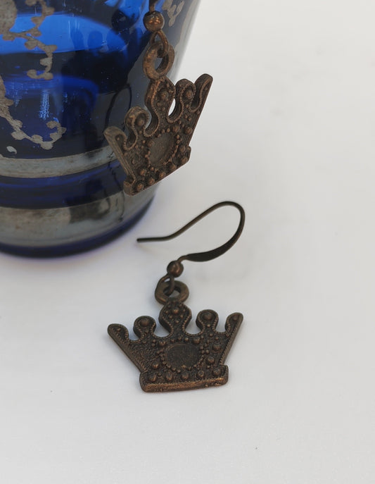 Antique Brass Royal Crown Charm Dangle Earrings
