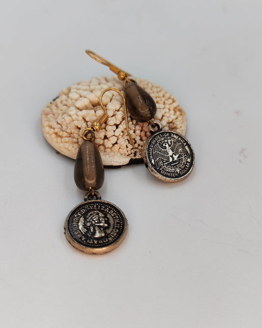 Smokey Quartz Teardrop & Hollow Coin Charm Dangle Earrings