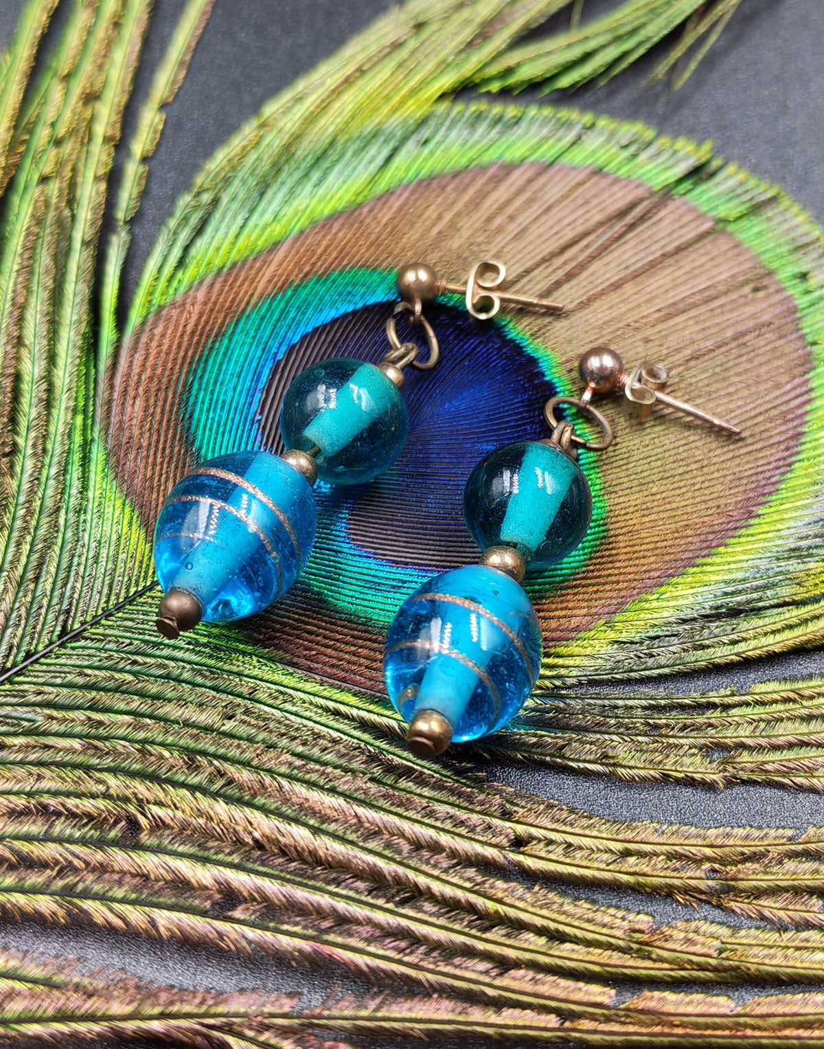 Teal & Gold Hand-Painted Glass Bead Stud Dangle Earrings