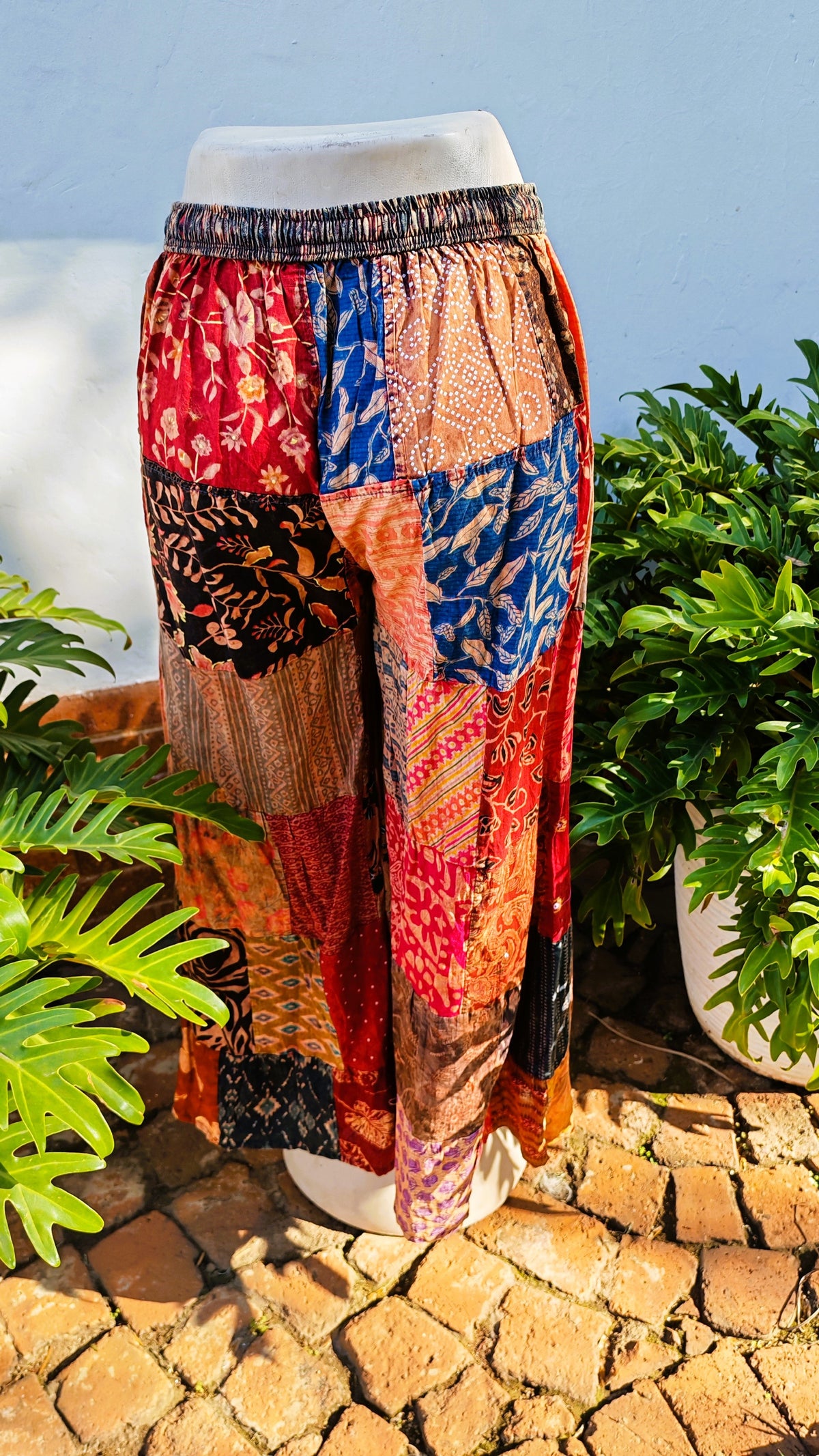 Multicolour Patchwork Cotton Bell Leg Hippie Pants with Pockets