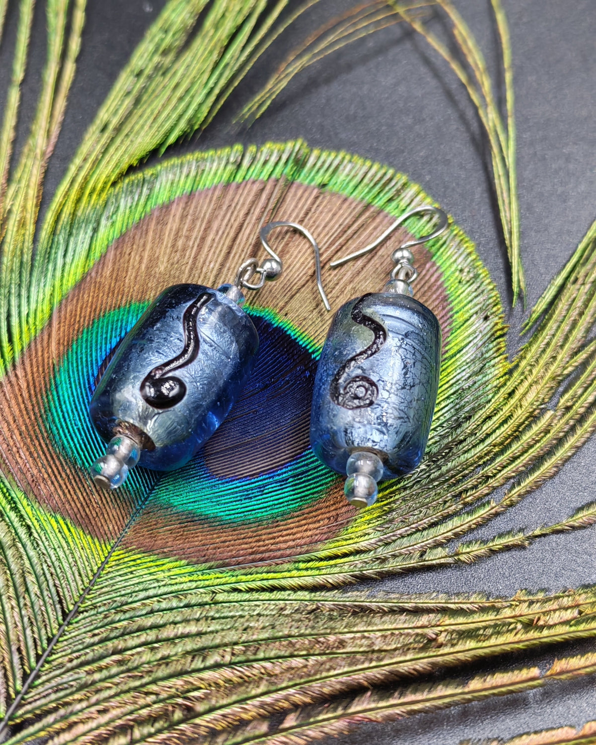 Blue & Silver Foil Hand-Painted Glass Bead Swirl Dangle Earrings