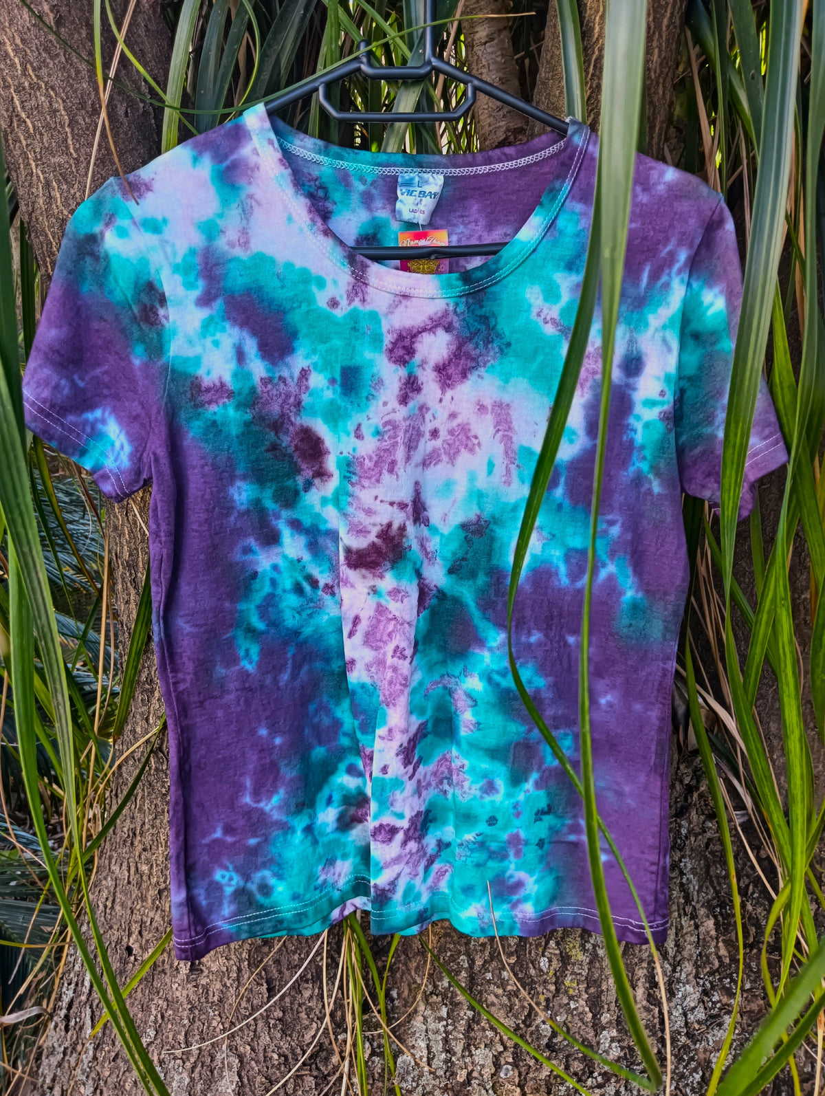 Hand Tie-Dye Deep Purple Azure Sea T-Shirt - crumple dye pattern in violet and teal