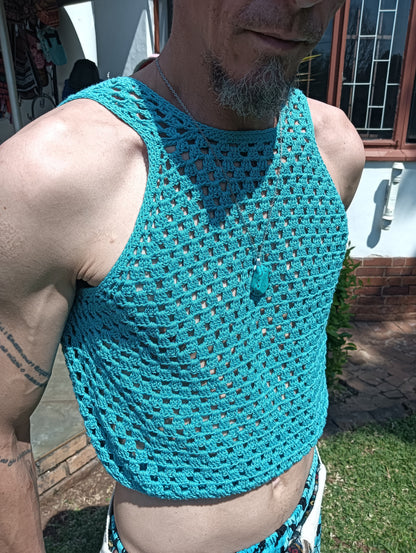 Cotton Crochet Racerback Crop Top — close-up of open square mesh stitch and scalloped neckline