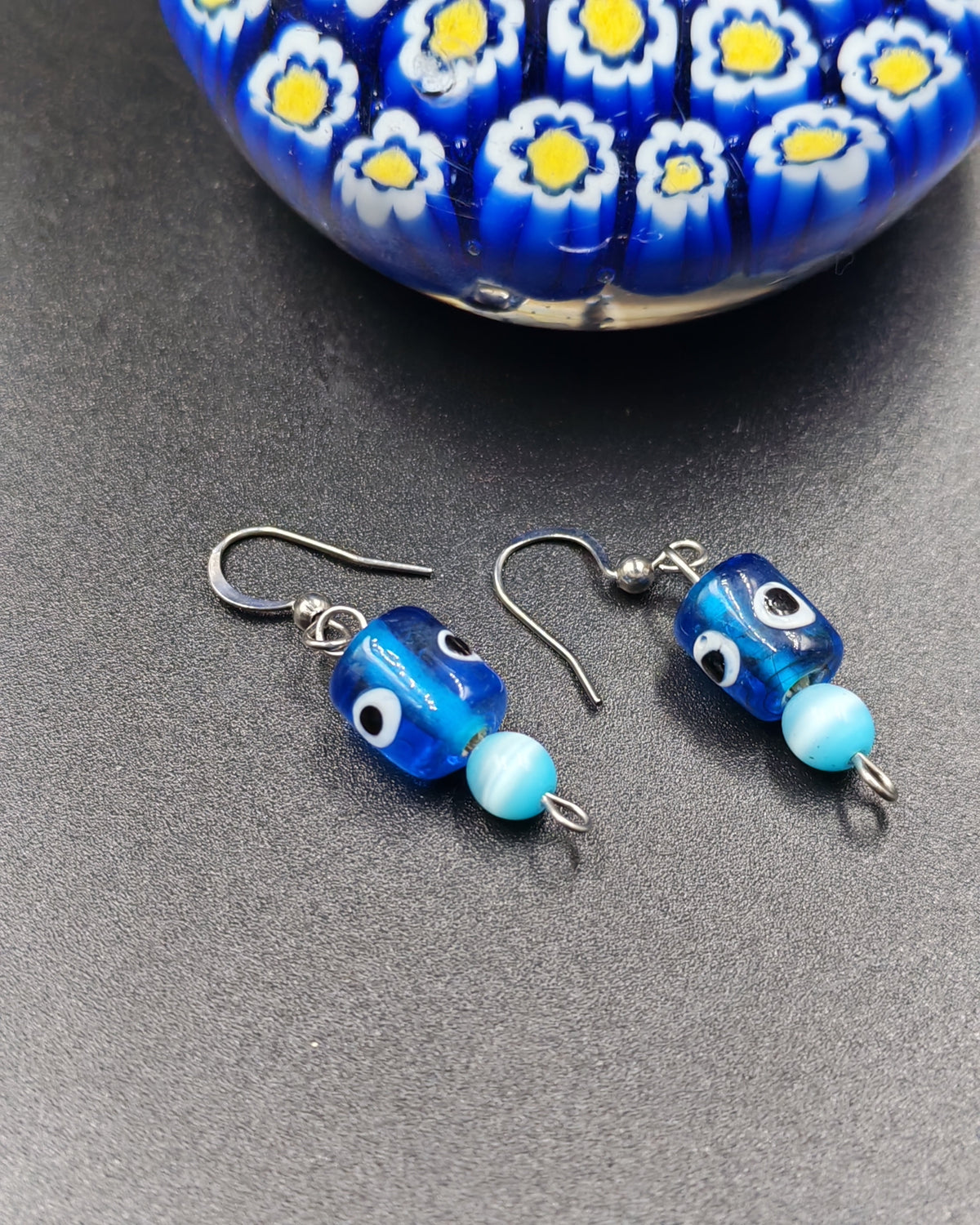 Evil Eye Glass & Cat's Eye Turquoise Bead Dangle Earrings
