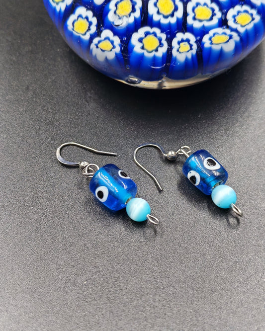 Evil Eye Glass & Cat's Eye Turquoise Bead Dangle Earrings