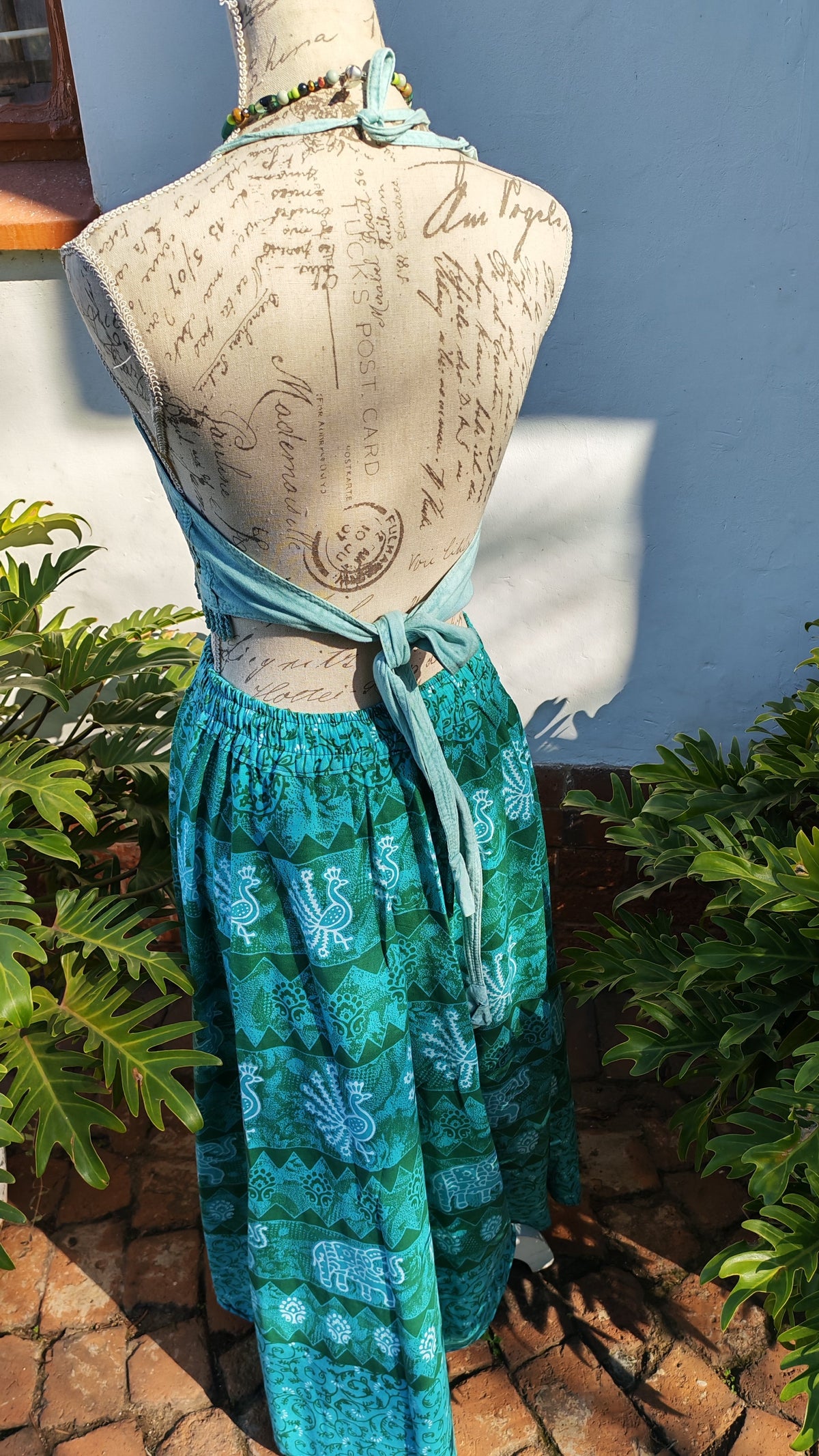 Turquoise Embroidered Viscose Fringe Halter Crop