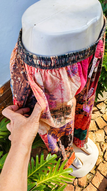 Multicolour Patchwork Cotton Bell Leg Hippie Pants with Pockets