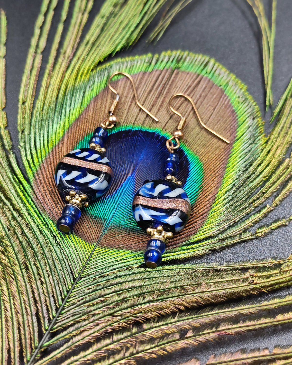 Blue, White & Gold Hand-Painted Striped Glass Bead Dangle Earrings